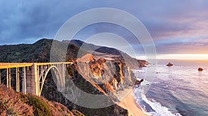 Bixby Creek Bridge on Highway 1 at sunset photo