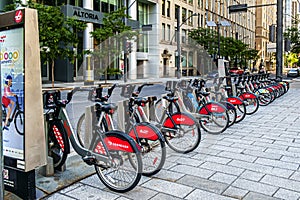 Bixi bicycles station at the Victoria sqare in downtown Montreal