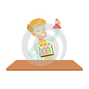 Biy Chemist And Test Tubes, Kid Doing Chemistry Science Research Dreaming Of Becoming Professional Scientist In The