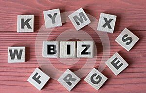 BIZ - acronym on wooden cubes on a pink wooden background