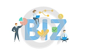 BIZ. Concept with people, letters and icons. Flat vector illustration. Isolated on white background.