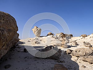 Bizarre boulder formation in Rok Garden reserve in the desert, Oman