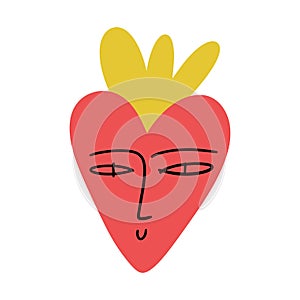 Bizarre burning Valentines day heart modern abstract face. Groovy emoji heart shape. Funky hippie mad weird 60s 70s
