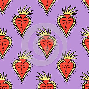 Bizarre burning Valentines day hearts modern abstract faces seamless pattern. Groovy emoji heart shape. Funky hippie mad