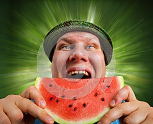 Bizarre man eating watermelon