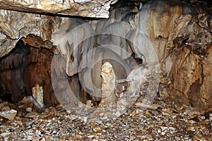 Bizarre mineral formations in stalactite cavern