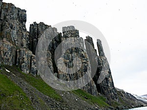 Bizarre rock formation. Alkefjellet, one of the largest and most spectacular bird cliffs on Svalbard.