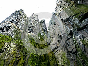 Bizarre rock formation. Alkefjellet, one of the largest and most spectacular bird cliffs on Svalbard.