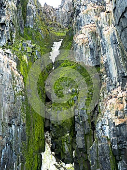 Bizarre rock formation. Alkefjellet, one of the largest and most spectacular bird cliffs on Svalbard.