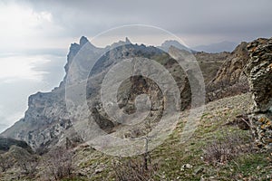 Bizarre rocks in Dead city. Khoba-Tele Ridge of Karadag Reserve in spring. Crimea