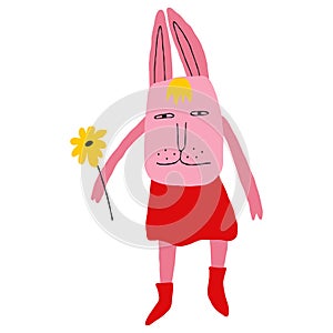 Bizarre strange bunny character with lovey face and flower. Comic cartoon hand drawn rabbit in doodle style