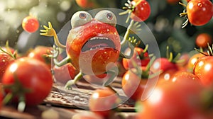 In a bizarre twist a tomatoshaped alien from outer space is seen bouncing on a trampoline made of tomatoes on a distant