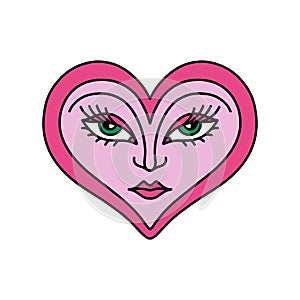 Bizarre Valentines day heart modern abstract face. Groovy emoji shape. Funky hippie mad weird 60s 70s sixties retro