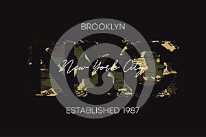 New York City, Brooklyn t-shirt design with camouflage texture. NYC apparel design with camo in military army style. Vector