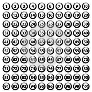 Black 1-100 lottery balls isolated, vector illustration