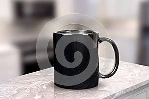 Black 11 oz. Glossy Coffee Cup Mockup in Modern Kitchen Scene