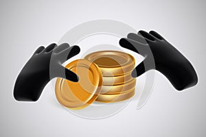 Black 3D cartoon human hands count golden coins.