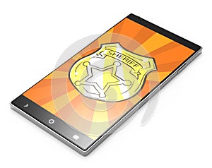 Black 3D smartphone with sheriff badge on white background