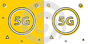 Black 5G new wireless internet wifi connection icon isolated on yellow and white background. Global network high speed