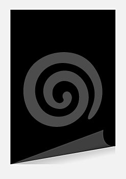 Black a4 paper blank curl corner template isolated on grey background, sticker sheet of paper curl black a4 paper template frame