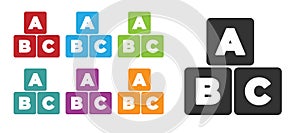 Black ABC blocks icon isolated on white background. Alphabet cubes with letters A,B,C. Set icons colorful. Vector