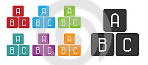 Black ABC blocks icon isolated on white background. Alphabet cubes with letters A,B,C. Set icons colorful. Vector