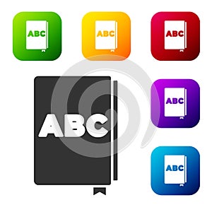 Black ABC book icon isolated on white background. Dictionary book sign. Alphabet book icon. Set icons in color square