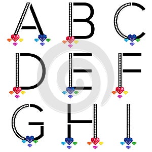 Black ABC letters with diamond and colorful gems. Characters with precious gemstones. Vector illustration.  Crystal studded letter