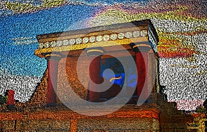 Black abstract heap of cubes backdrop. Contrast 3d rendering geometric polygons, as rough wall. North Entrance of Knossos Palace