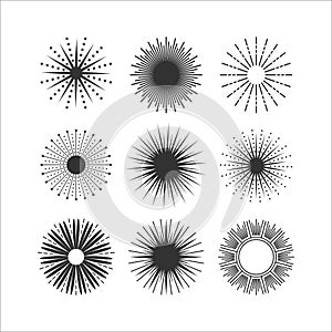 Black abstract isolated round sunburst decorative icons and design elements set on white