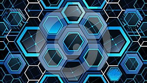 Black abstract pattern hexagons and blue cracked surface. Technology concept