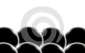 Black abstract shiny beautiful and convex smooth three-dimensional simple balls, bubbles, circles with glare of light on a white b