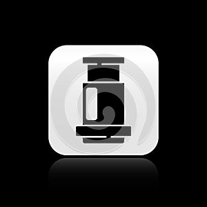 Black Aeropress coffee method icon isolated on black background. Device for brewing coffee. Silver square button. Vector