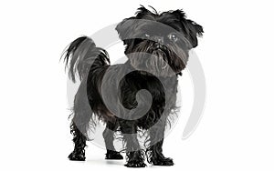 A black Affenpinscher dog poses with a spirited gaze, its distinctive shaggy fur highlighting its spirited personality