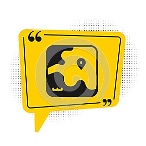 Black Africa safari map icon isolated on white background. Yellow speech bubble symbol. Vector