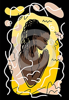 Black African American Afro Praying woman face head drawing.Minimalist printable boho fashion wall art home decor bohemian work