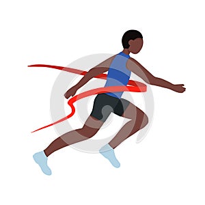 A black African American athlete. A fast runner crosses the finish line. Winner of a running competition. Vector illustration