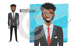 Black african american businessman with beard in formal suit. Full length portrait of Cartoon Businessman. Character for