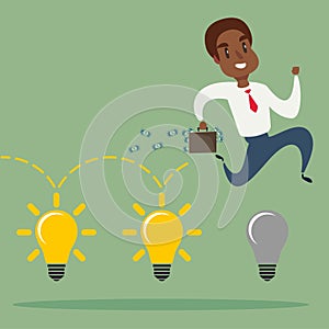 Black african american businessman jump on light bulbs, Idea concept