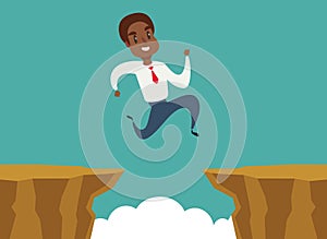 Black african american businessman jump over cliff gap, overcome the difficulty. Business concept
