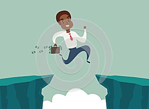 Black african american businessman jump over cliff gap, overcome the difficulty. Business concept