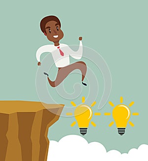 Black african american businessman running and jump over cliff gap to success, overcome the difficulty, Business concept