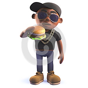Black African American cartoon 3d hiphop rapper eating a cheese burger photo