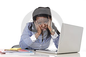 Black African American ethnicity frustrated woman working in stress at office