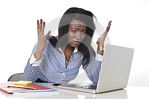 Black African American ethnicity frustrated woman working in stress at office