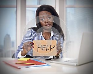 Black African American ethnicity tired frustrated woman working in stress asking for help