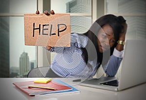 Black African American ethnicity tired frustrated woman working in stress asking for help photo