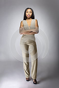 Black African American Fashion Model Wearing a Gray Jumpsuit