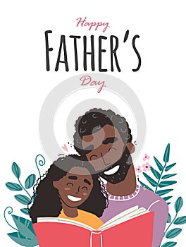 Black african american father reading a book to his daughter. Happy loving family and Fathers Day