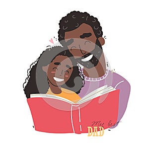 Black african american father reading a book to his daughter. Happy loving family and Fathers Day